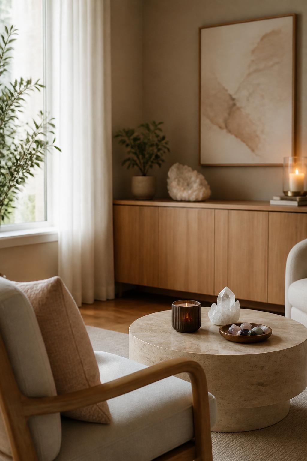 Inviting consultation room with subtle spiritual decor and soft light.