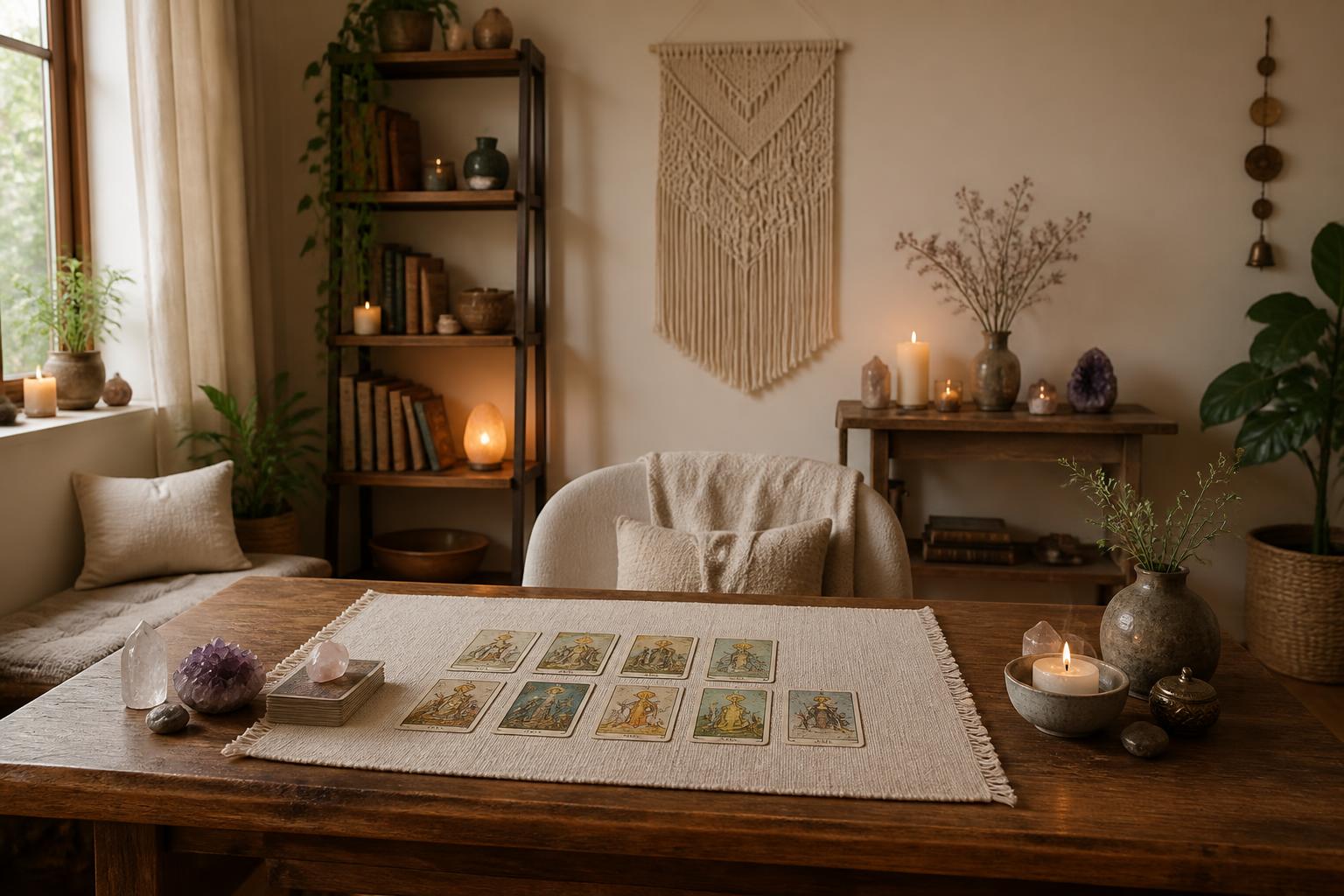 Serene spiritual reading room with tarot table and warm natural light.